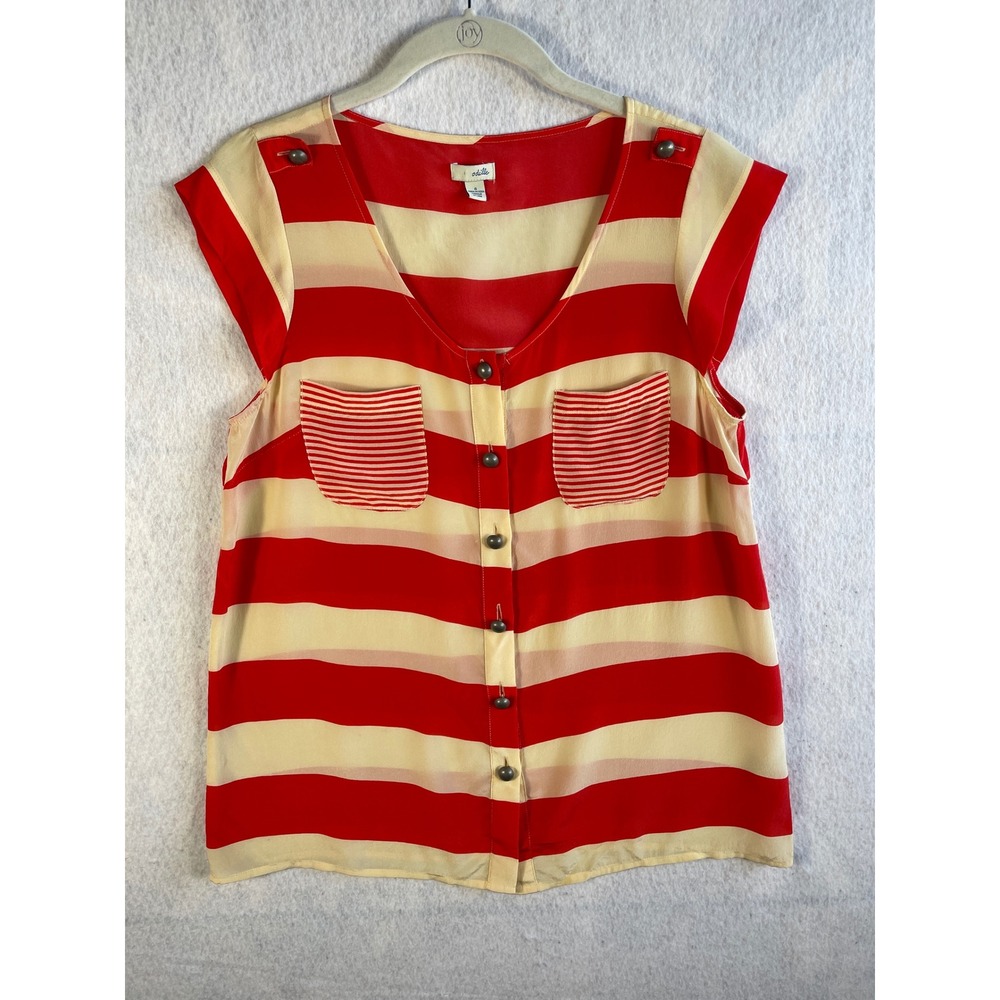 Odille Anthropologie‎ Red Cream Striped 100% Silk Button Front Blouse Size 4